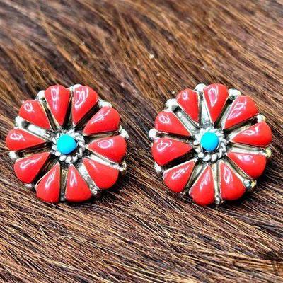 #1256 • Native American Sterling Silver Coral Flower Earrings, 5.21g
