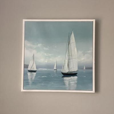 SOLD-$28 sailbooats and clouds art 27"H 28"L