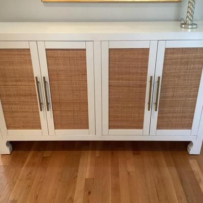 $350 white foyer cabinet with woven doors and gold pulls, 36"H 60"L 16"depth