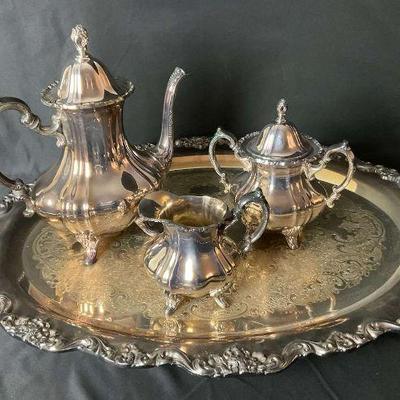 Silver plated tea set with ornate tray