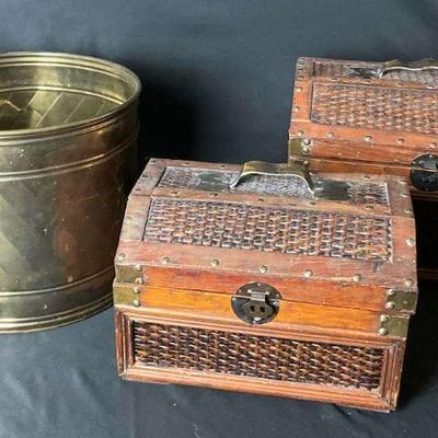 Decorative wooden chests and brass container