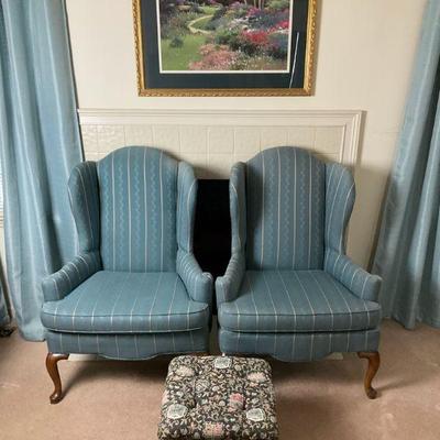 Pair of queen anne, wing chairs, footstool, and artwork