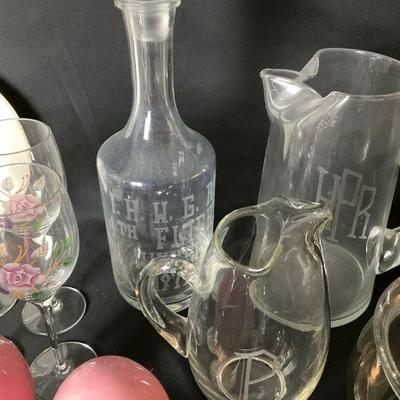 Etched glass decanter and pitcher set