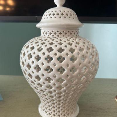 Two's Company pierced porcelain vase with lid. 