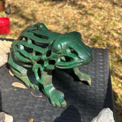 green painted iron frog 
