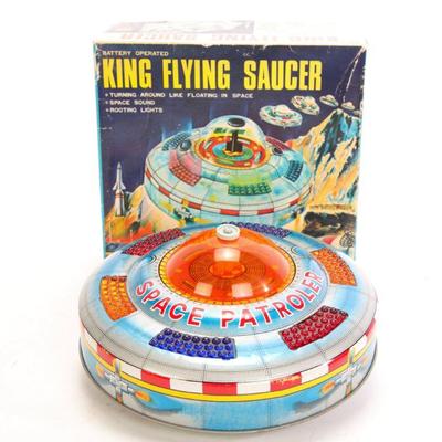 King Flying Saucer Space Patroler tin litho battery op toy w/ box