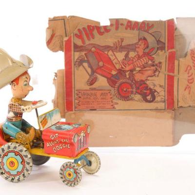 Tricky Tractor Rodeo Joe tin litho wind up toy w/ partial box