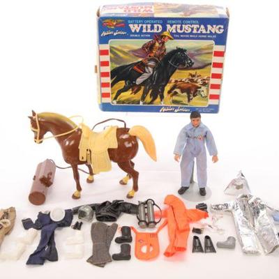 Mego Action Jackson figure, outfits, Wild Mustang remote control horse in box