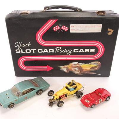 Large scale 1960's slot cars w/ case, parts, tools