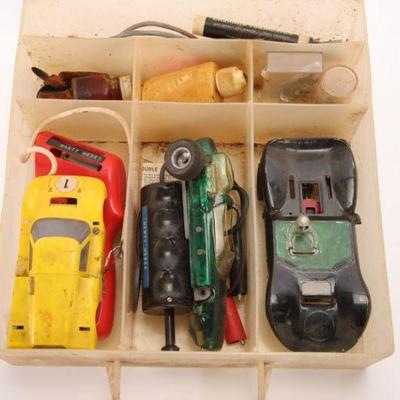 Sale Photo Thumbnail #302: 60s large scale slot cars w/ case, parts, tools