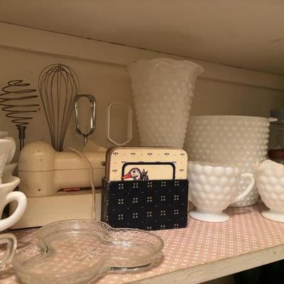 Milk glass ice bucket, vase, creamer, sugar