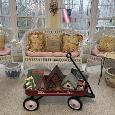 Radio Flyer wagon, bird houses, vintage child's books, wicker furniture
