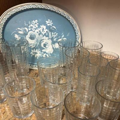 30 pcs glass window pane tumbler set In Box, vtg floral trays