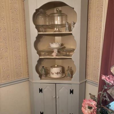Pair baby blue corner cabinets, Franciscan Dessert Rose 8 place settings + serving pcs