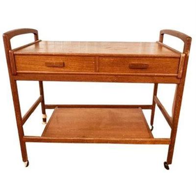 Lot 015-084   Mid-Century Modern Rolling Danish Teak Bar Cart With Drawers