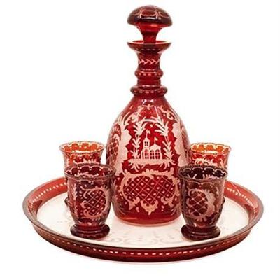 Lot 001 Eggerston Ruby Etched Crystal Decanter Set and Tray