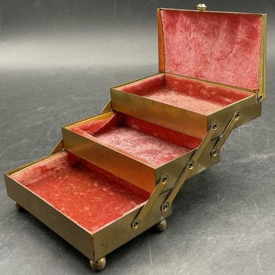 Vintage Brass Tn Metal Tiered Hinged Jewelry Box
