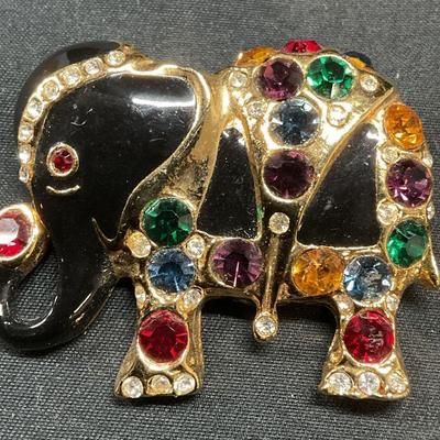 Gold Tone Crystal Enamel Elephant Brooch
