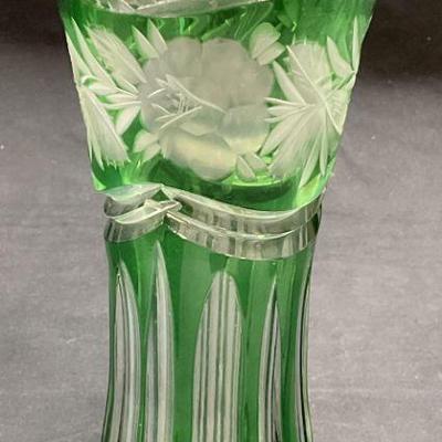Vintage Green to Clear Cut Glass Vase
