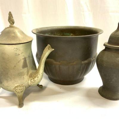 Lot 3 Vintage Mixed Metal Planter, Urn & Teapot
