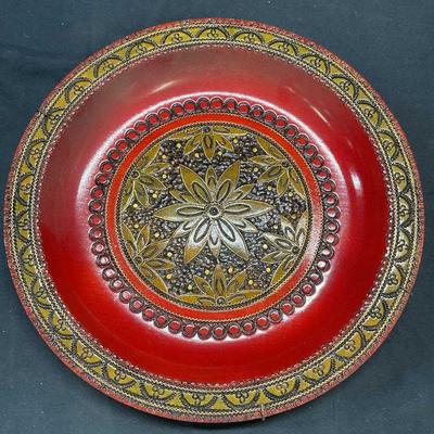 Vintage Carved Wood Lacquered Floral Plate
