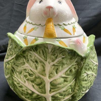 CLAY ART CABBAGE BUNNY Porc Cookie Jar W Lid
