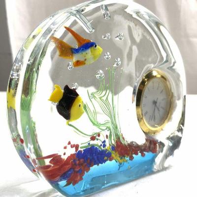 Art Glass Desk Clock W Multi Toned Fish Detail
