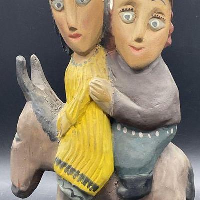 Hand Carved Wood Figures Riding Donkey Statue 14in
