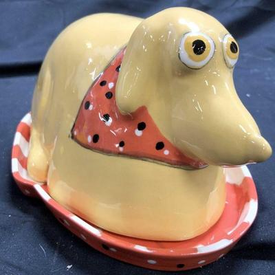 Signed Porcelain Dog Butter Dish W Lid