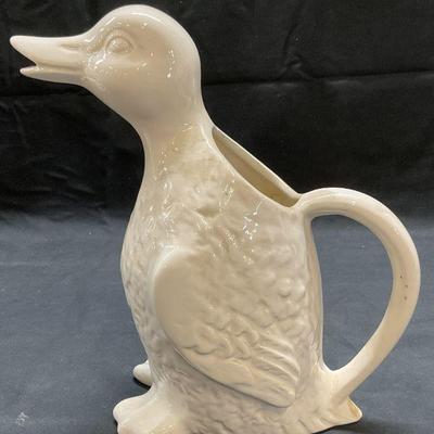 VTG Signed White Ceramic Duck Pitcher USA
