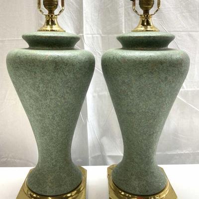 Pair Ceramic Table Lamps W Gilt Metal Bases
