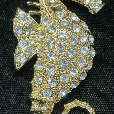 Gold Tone Crystal Seahorse Brooch
