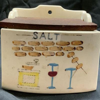KITCHEN KING Vntg Porc Wall Salt Container W Lid

