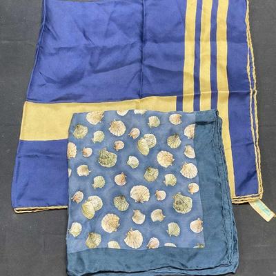Lot 2 DeMura Blue Silk Scarf, Seashell Silk Scarf
