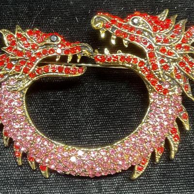 Gold Tone Crystal Dragon Brooch, 2.5 in Wide
