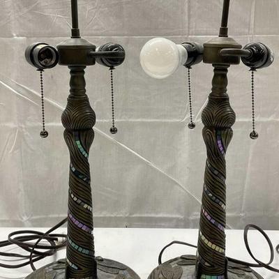 Pair Dragonfly Motif Iridescent Mosaic Table Lamps
