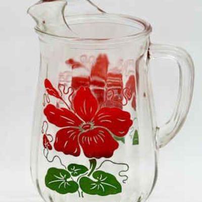 Red Flower Vintage Glass Pitcher
