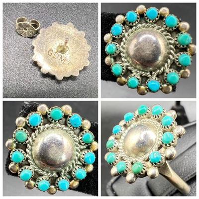 Zuni GDM Turquoise Sterling Silver Jewelry Set — Ring & Earrings
