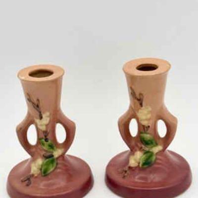 1946 Roseville Pottery Snowberry Candlestick Pair Pink
