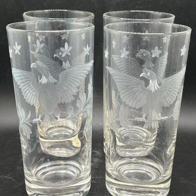 Set of (4) Etched Glasses w/ Eagle Branches Stars — Vintage Barware
