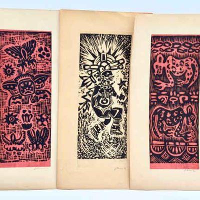 (3) Signed Mayan Linocut Prints
