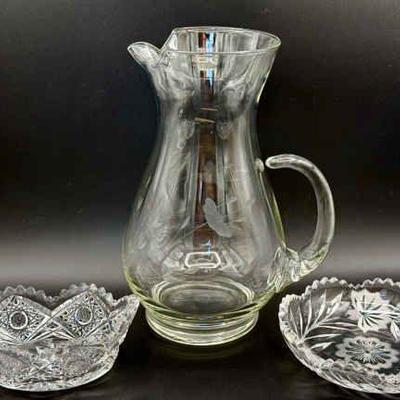 Elegant Etched Glass Pitcher & (2) Cut Glass Condiment Dishes
