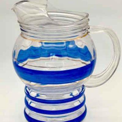 Vintage Clear Depression Glass Water Pitcher Blue Rings Gold Highlights Iced Tea
