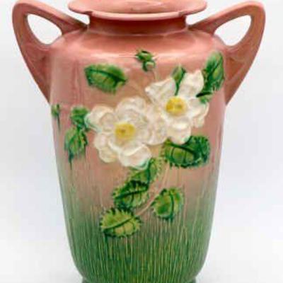 1940s Roseville Pottery White Rose Vase Pink/Green
