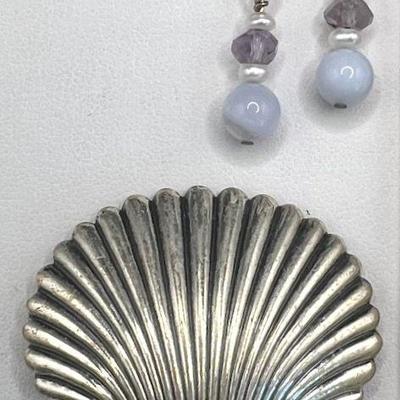 Sterling Silver Jewelry — Seashell Brooch & Dangly Earrings
