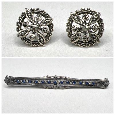 Sterling Silver Jewelry — Marcasite Earrings & Sparkling Brooch
