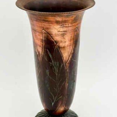 Flared Copper Vase With Leaf Motif
