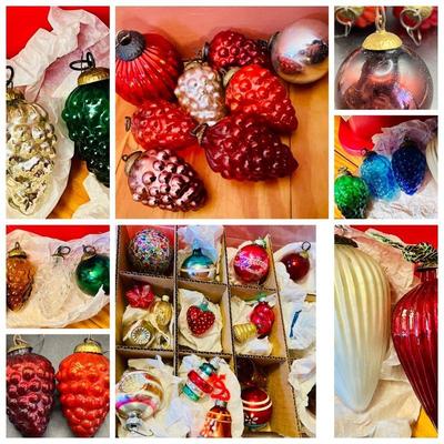 Large Tote of Vintage & Heavy Glass Christmas Ornaments - Some UV Glow!
