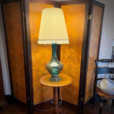 Vintage mid-century lamp with blue glass base and antique 5-panel screen with European scenes