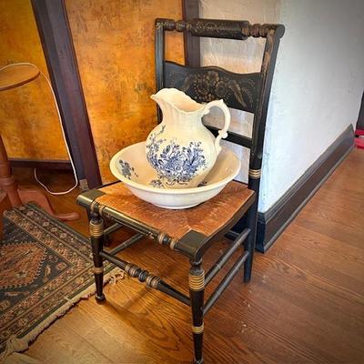 Antique transferware washbasin and pitcher